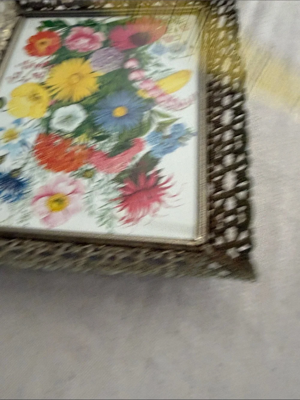 Vintage Brass Toned Filigree Frame with a Botanical Print